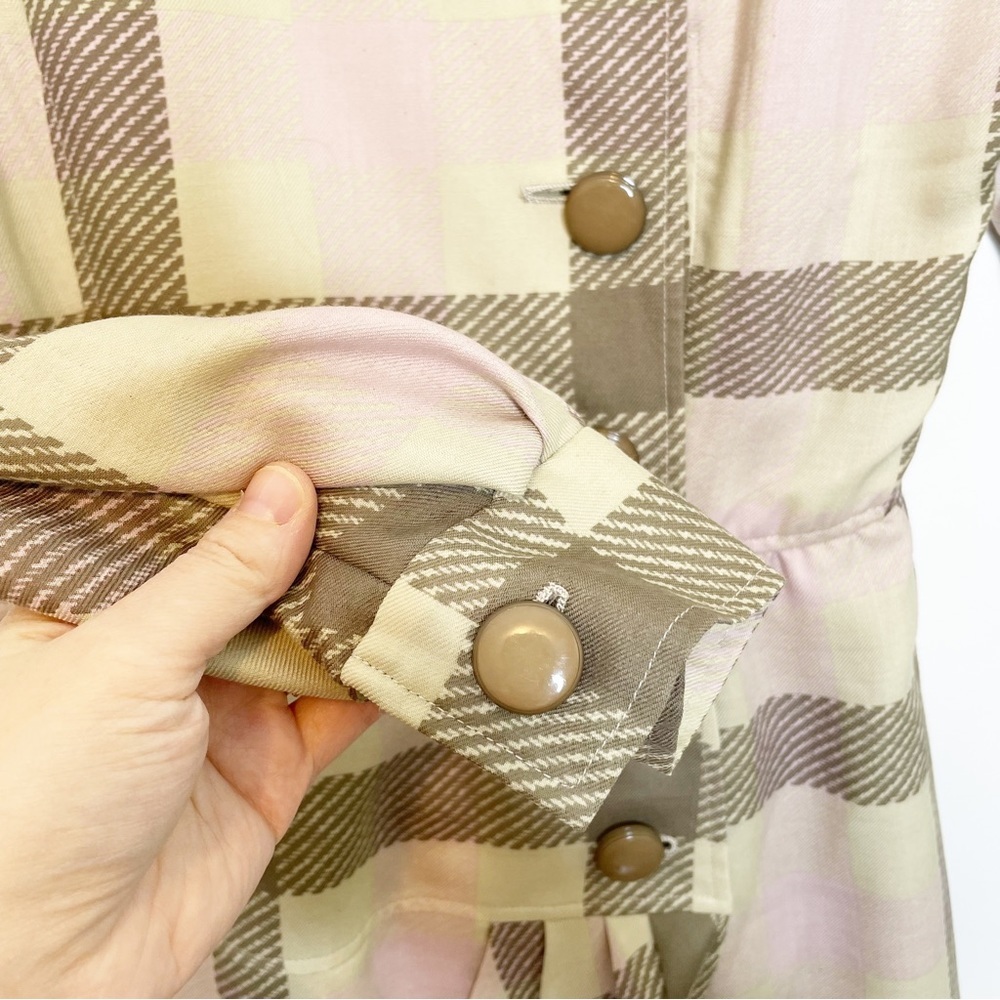 Valentino Boutique Dress Vintage Plaid Button Long Sleeve Tan Pink Made in Italy - Picture 12 of 12
